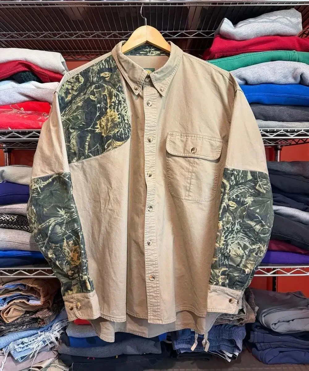 Cabela's Vintage Seclusion 3 Camo Patch Hunting Button Up Shirt Khaki 2XL